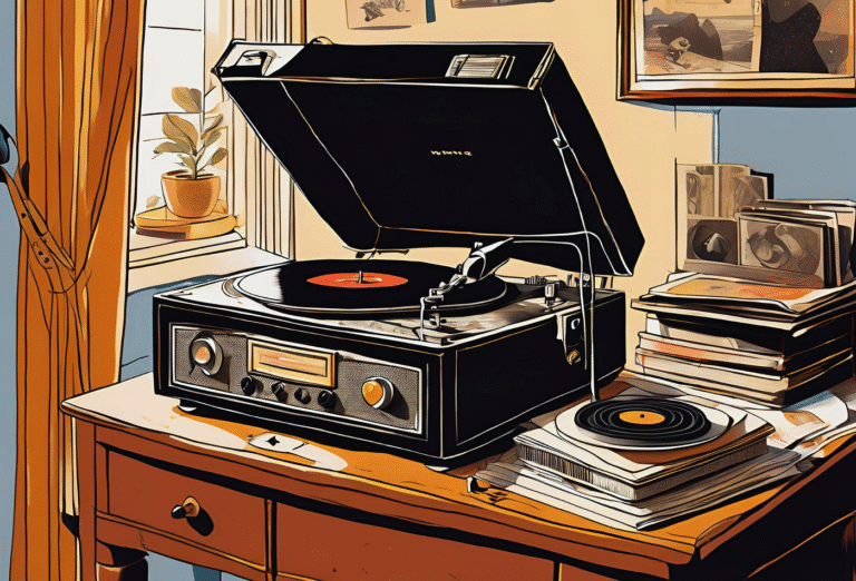 A beautifully composed flatlay of a vinyl record collection, showing record sleeves, a turntable, and the detailed grooves of a vinyl record itself.