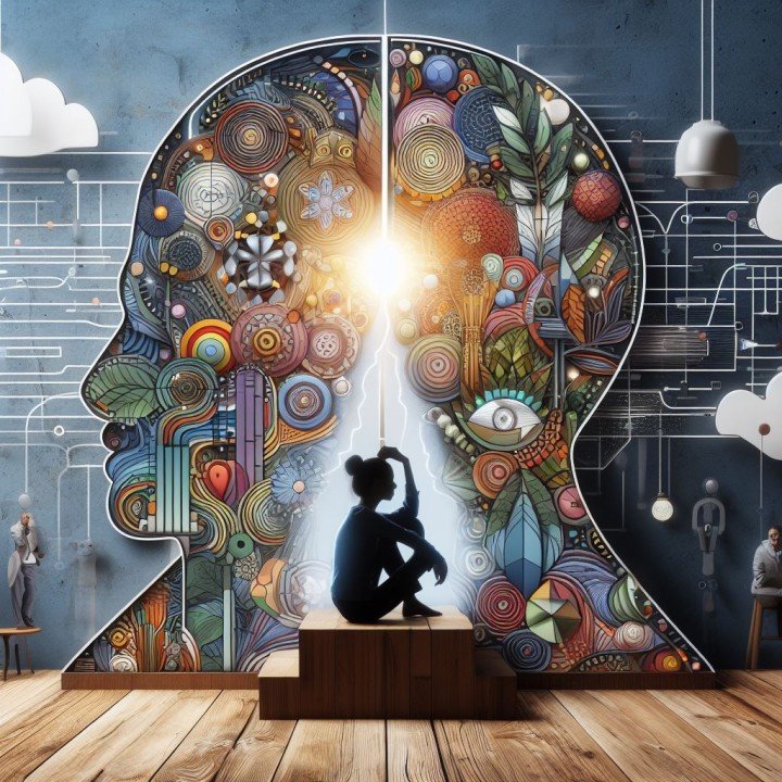 Diverse individuals practicing mental wellness activities including meditation, therapy, and social connection