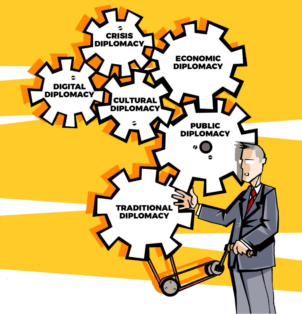 United Nations General Assembly hall with delegates from multiple countries, with insets of major international organization logos.