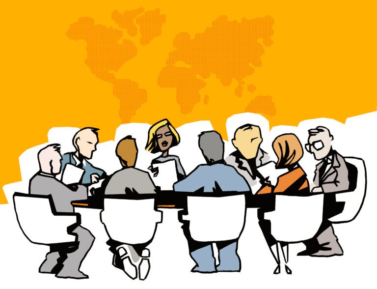 United Nations General Assembly hall with delegates from multiple countries, with insets of major international organization logos.