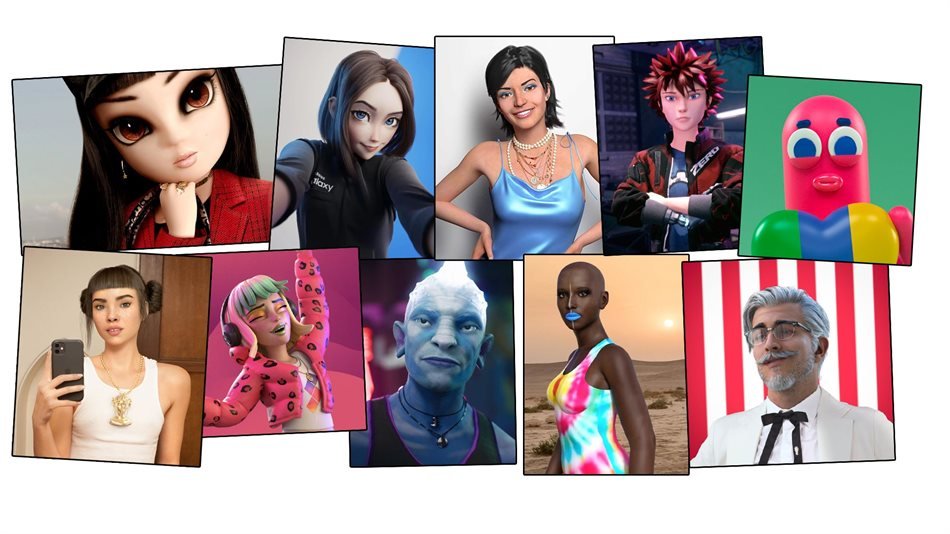 A composite image showing the virtual influencer Lil Miquela in various fashionable outfits and settings, alongside logos of major brands like Prada and Calvin Klein.