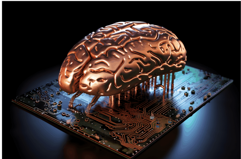 A diagram of a multi-layer neural network showing input nodes, hidden layers, and output nodes, with connections symbolizing synapses.