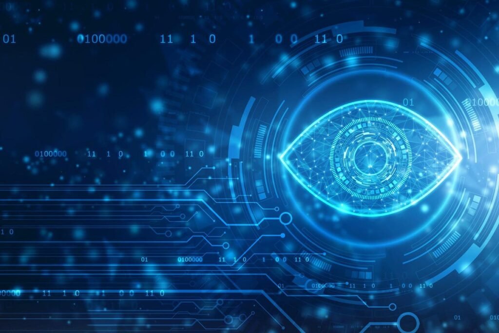 An illustration showing an AI system analyzing a street scene, with bounding boxes identifying cars, pedestrians, and traffic lights.