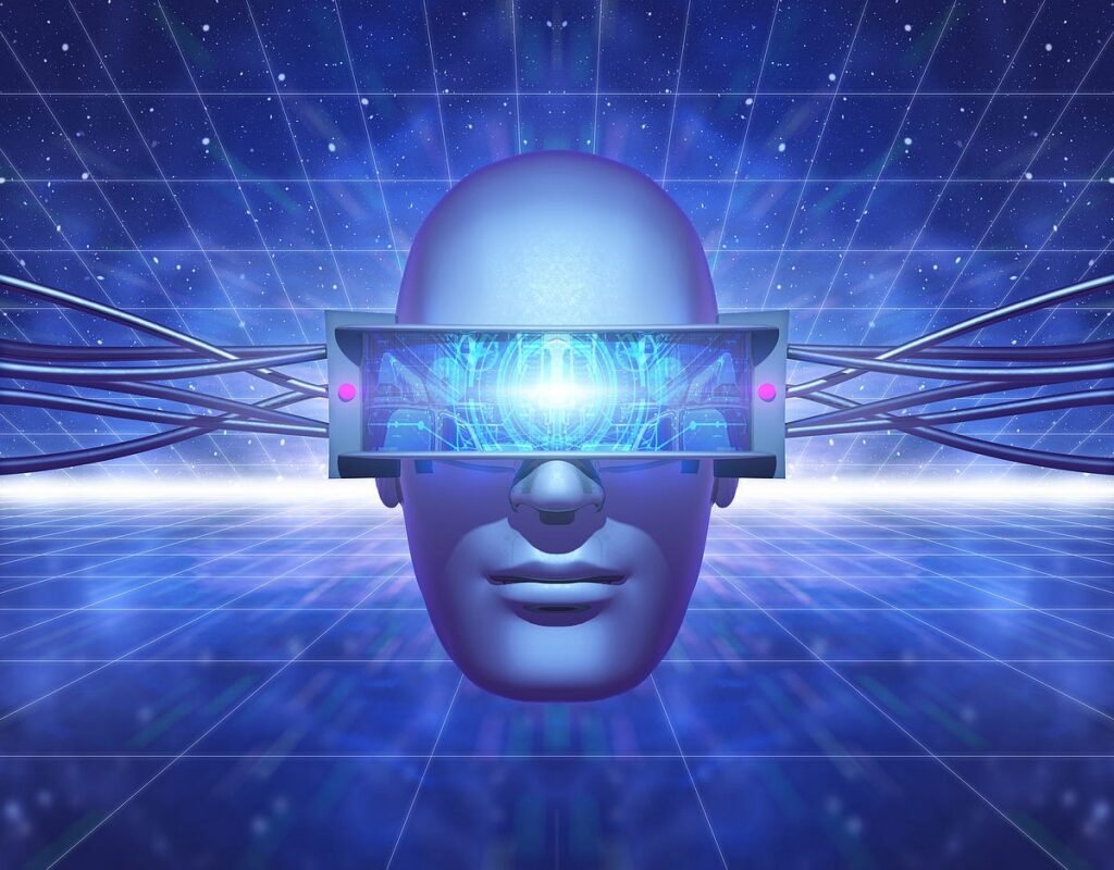 An illustration showing an AI system analyzing a street scene, with bounding boxes identifying cars, pedestrians, and traffic lights.