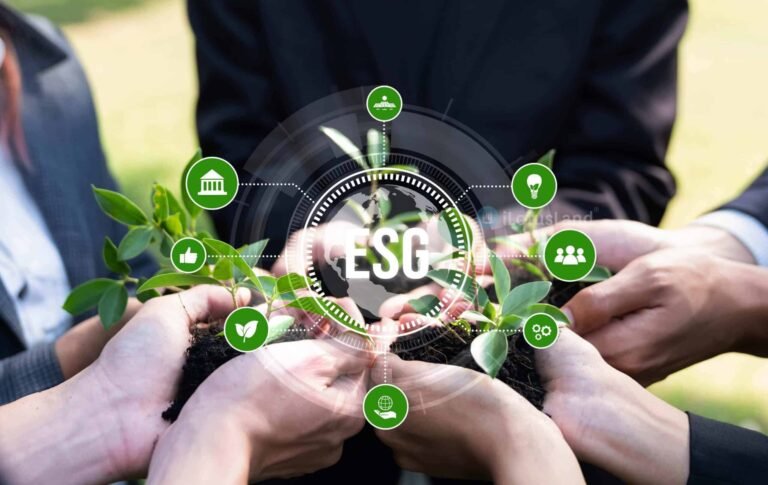 Infographic detailing the three pillars of ESG: Environmental (planet icon), Social (people icon), and Governance (building icon) with key factors listed under each.
