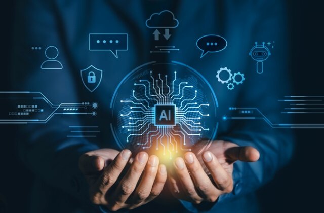 A simplified diagram of a neural network architecture, showing data flowing through layers and transforming into text and images.