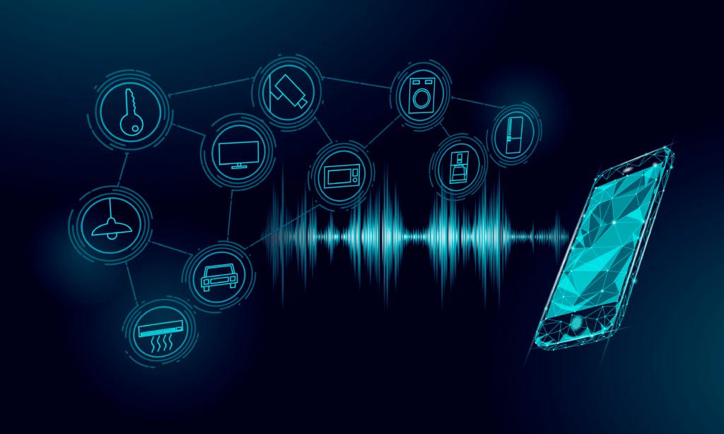 A flowchart showing sound waves entering a system, transforming to text, and then being processed for understanding and generating a response.