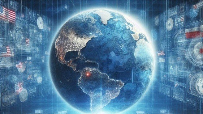 Comprehensive infographic showing the complete digital election ecosystem including voter registration, digital campaigning, electronic voting, and results management systems.