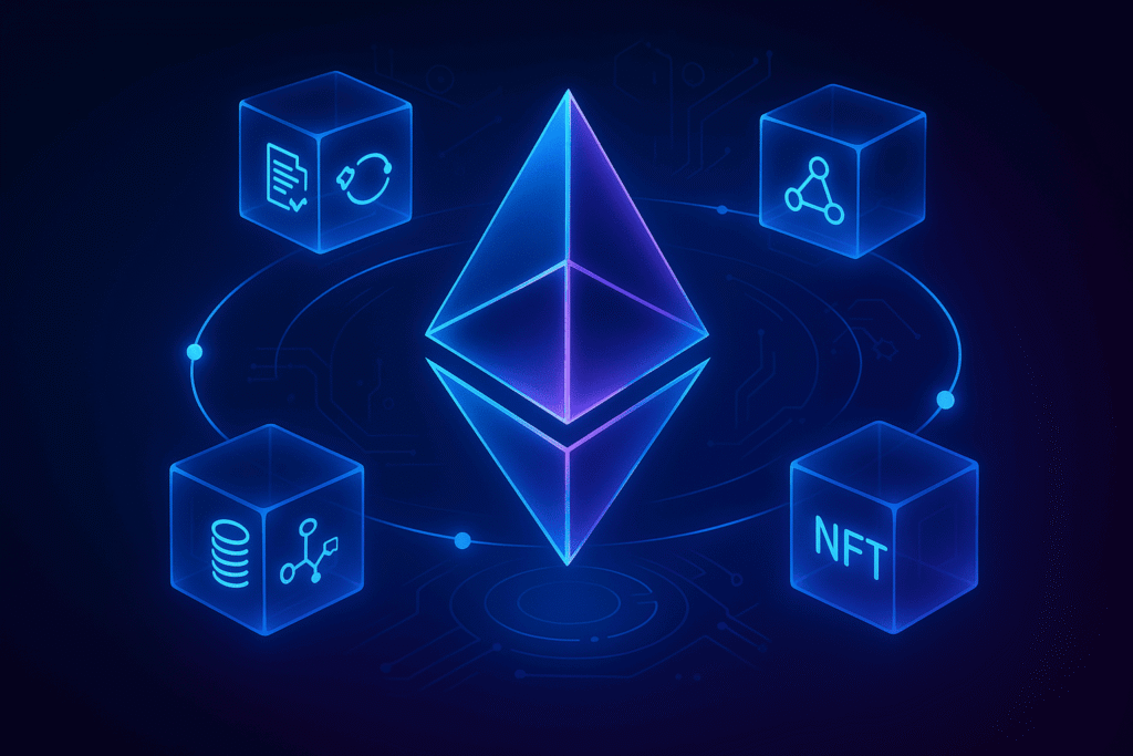 Comprehensive infographic mapping the Ethereum ecosystem including DeFi protocols, NFT marketplaces, DAOs, and scaling solutions.