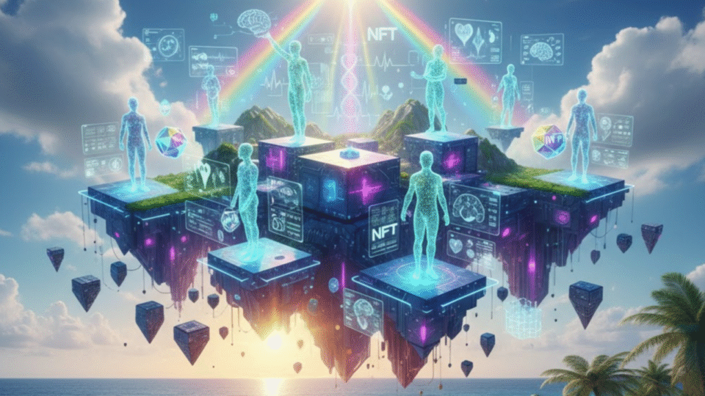 Comprehensive diagram mapping the NFT ecosystem including creators, marketplaces, collectors, and various use cases across art, gaming, and identity.