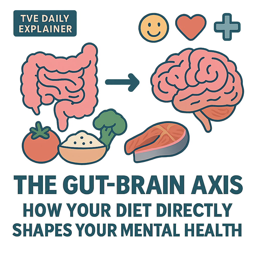 Diagram showing how the gut and brain communicate via the vagus nerve, immune system, and neurotransmitters like serotonin.