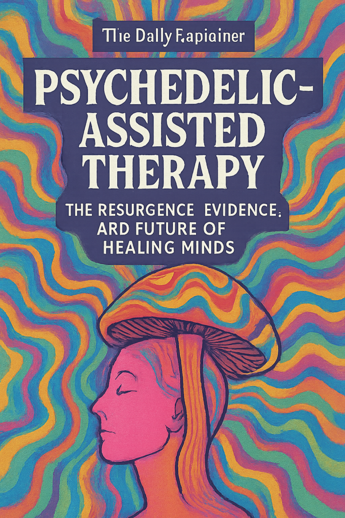 An infographic illustrating the three-phase process of psychedelic-assisted therapy: Preparation (building trust, intention), Medicine Session (guided journey in a safe room), and Integration (processing insights in therapy).