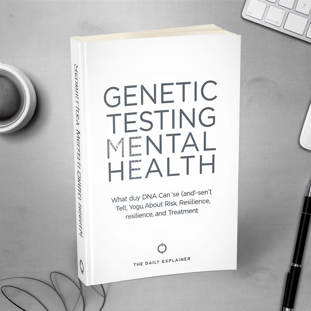 A three-column infographic. Column 1: A bar chart with a high percentile labeled "Polygenic Risk Score." Column 2: A DNA strand next to a pill bottle labeled "Pharmacogenomics." Column 3: A magnifying glass over a specific gene sequence labeled "Rare Variants."