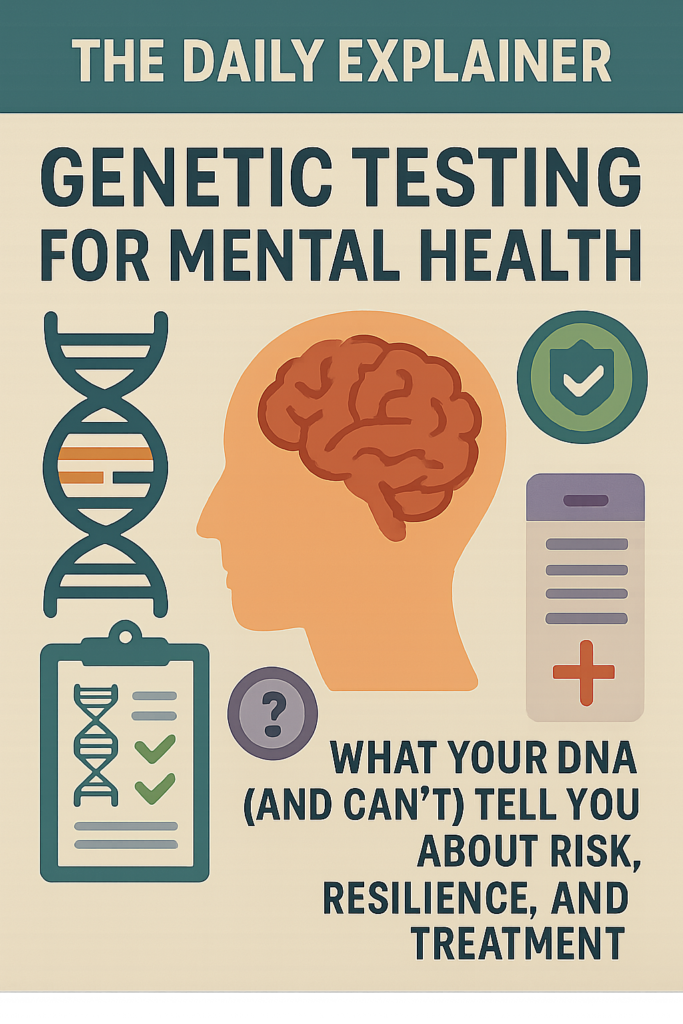 A three-column infographic. Column 1: A bar chart with a high percentile labeled "Polygenic Risk Score." Column 2: A DNA strand next to a pill bottle labeled "Pharmacogenomics." Column 3: A magnifying glass over a specific gene sequence labeled "Rare Variants."