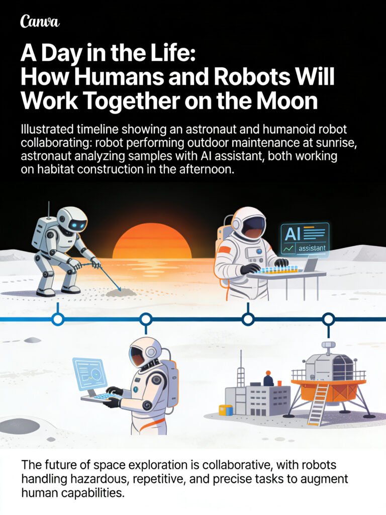 Illustrated timeline showing an astronaut and humanoid robot collaborating: robot performing outdoor maintenance at sunrise, astronaut analyzing samples with AI assistant, both working on habitat construction in the afternoon.