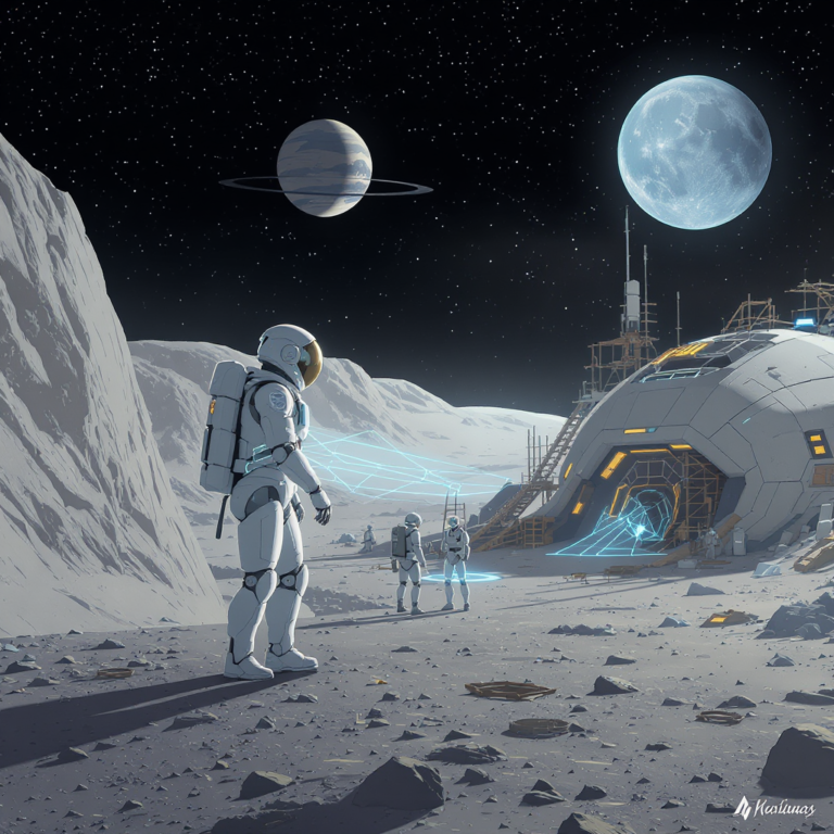 Illustrated timeline showing an astronaut and humanoid robot collaborating: robot performing outdoor maintenance at sunrise, astronaut analyzing samples with AI assistant, both working on habitat construction in the afternoon.