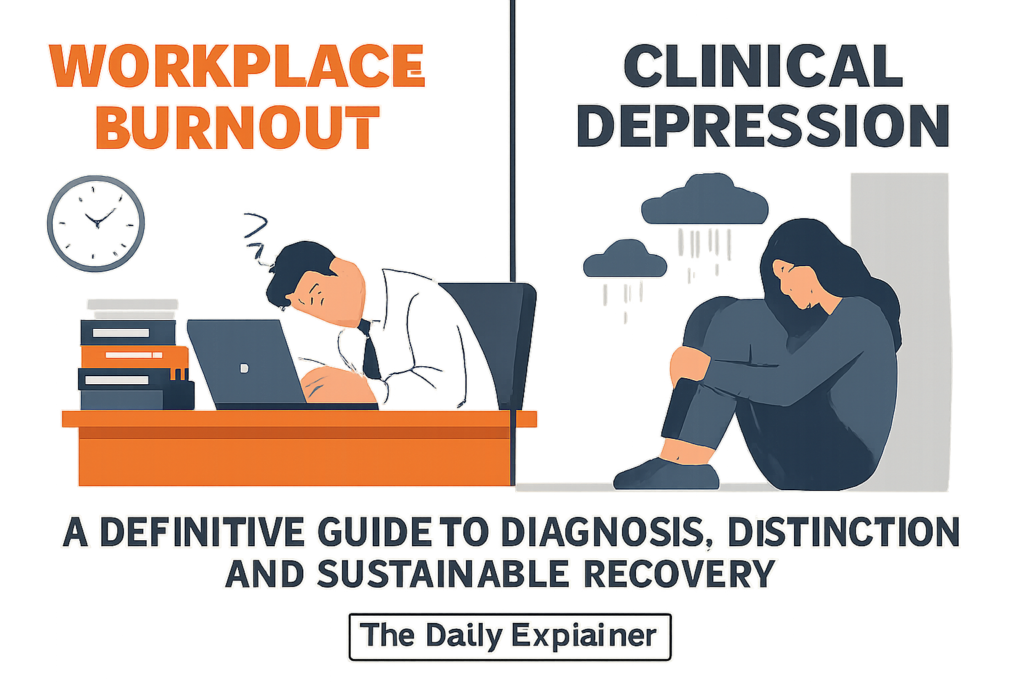 An infographic comparing the core symptoms, causes, and recovery paths for workplace burnout and clinical depression side-by-side.