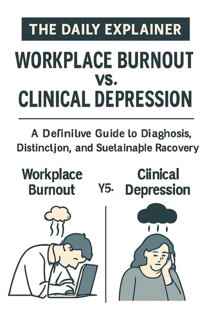 An infographic comparing the core symptoms, causes, and recovery paths for workplace burnout and clinical depression side-by-side.