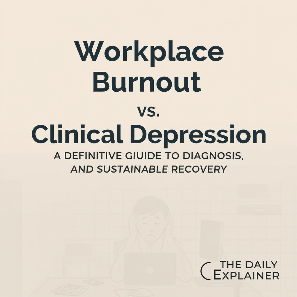 An infographic comparing the core symptoms, causes, and recovery paths for workplace burnout and clinical depression side-by-side.