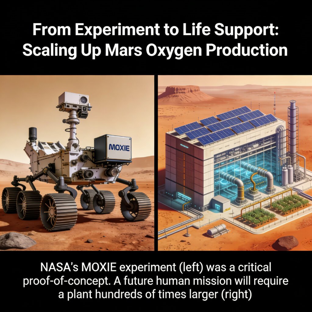 Left shows the small MOXIE box on Perseverance rover; right shows an artist's concept of a large, building-sized oxygen factory with solar arrays on Mars.