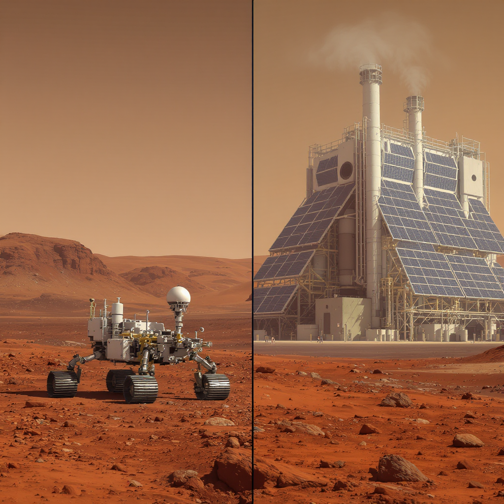 Left shows the small MOXIE box on Perseverance rover; right shows an artist's concept of a large, building-sized oxygen factory with solar arrays on Mars.