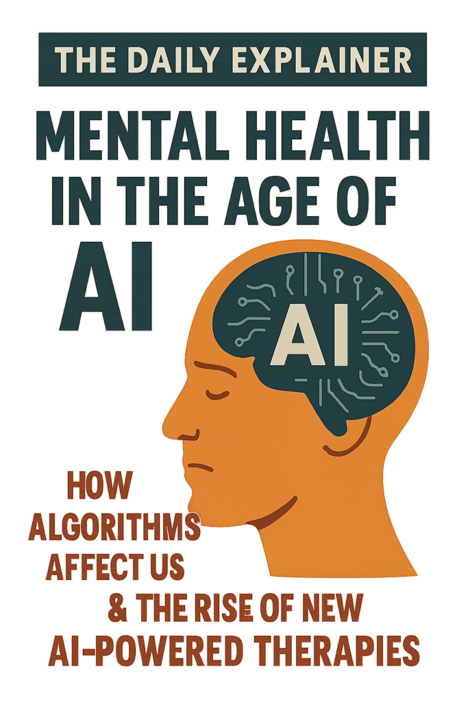 A split-brain graphic. Left side shows a brain being squeezed by social media icons and graphs, labeled "Algorithmic Stress." Right side shows the same brain with supportive AI chatbot and data visualization icons, labeled "AI-Assisted Healing."