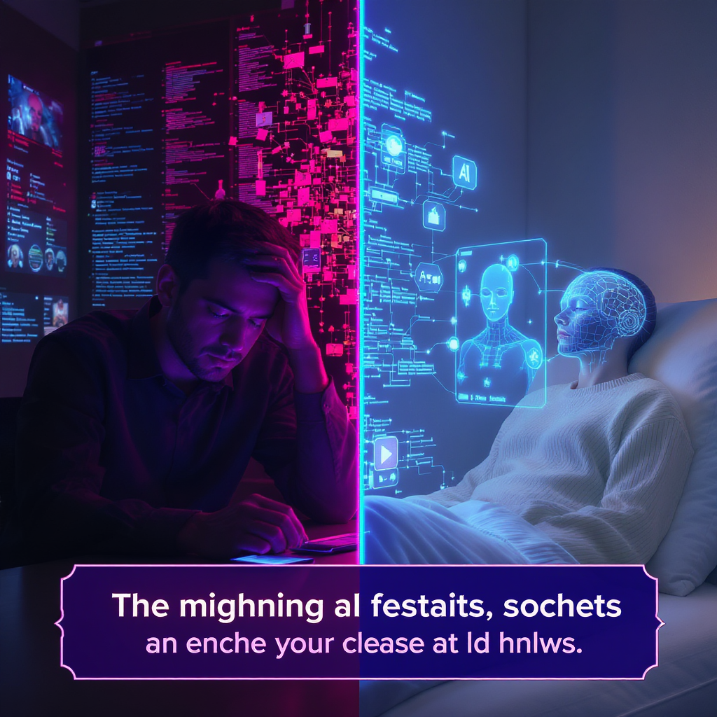 A split-brain graphic. Left side shows a brain being squeezed by social media icons and graphs, labeled "Algorithmic Stress." Right side shows the same brain with supportive AI chatbot and data visualization icons, labeled "AI-Assisted Healing."