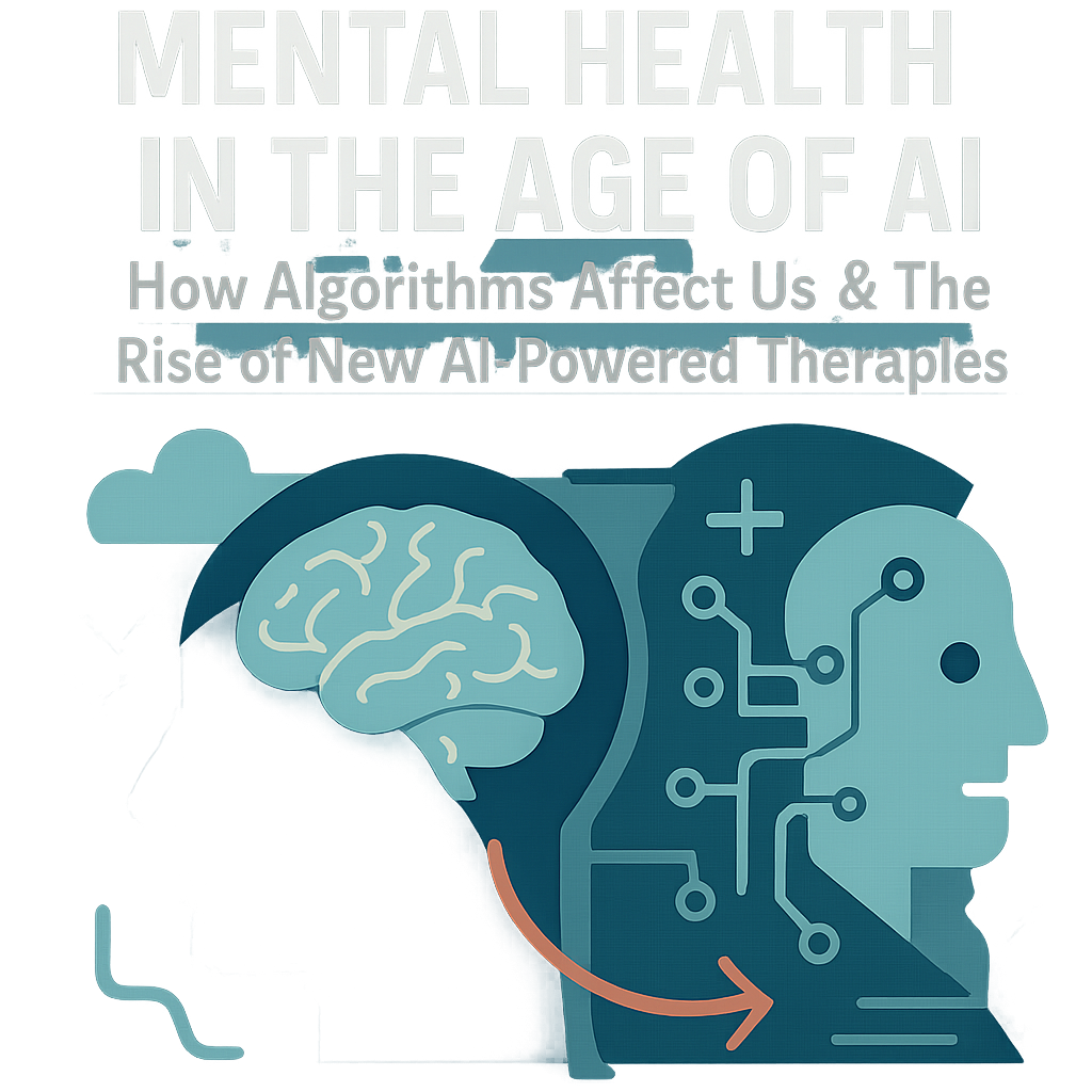 A split-brain graphic. Left side shows a brain being squeezed by social media icons and graphs, labeled "Algorithmic Stress." Right side shows the same brain with supportive AI chatbot and data visualization icons, labeled "AI-Assisted Healing."