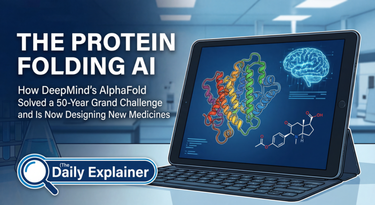 Infographic showing input amino acid sequence, generation of Multiple Sequence Alignment (MSA), the Evoformer and Structure Module neural networks, iterative recycling, and final 3D output with confidence colors.