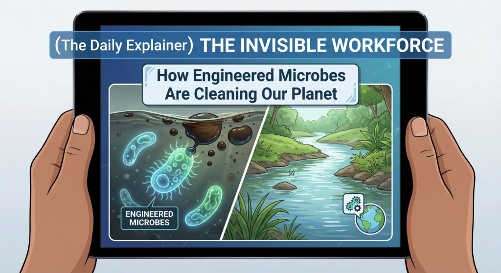 Infographic showing polluted soil, application of microbes/nutrients, microbial degradation process, and finally clean soil with monitoring.