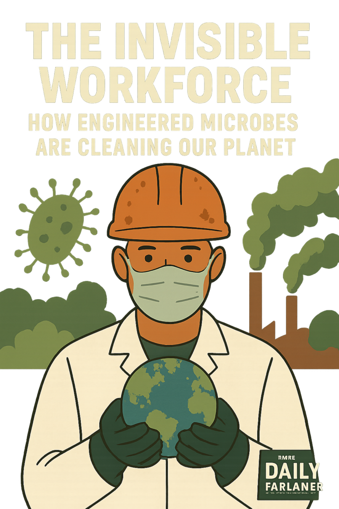 Infographic showing polluted soil, application of microbes/nutrients, microbial degradation process, and finally clean soil with monitoring.