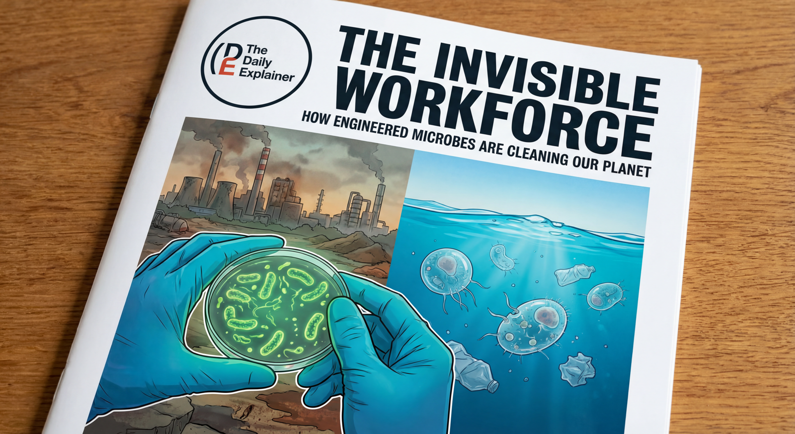 Infographic showing polluted soil, application of microbes/nutrients, microbial degradation process, and finally clean soil with monitoring.