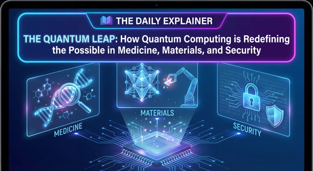 Side-by-side illustration: Left, a classical switch in position 0 or 1. Right, a Bloch sphere with a vector representing a qubit in a superposition state.