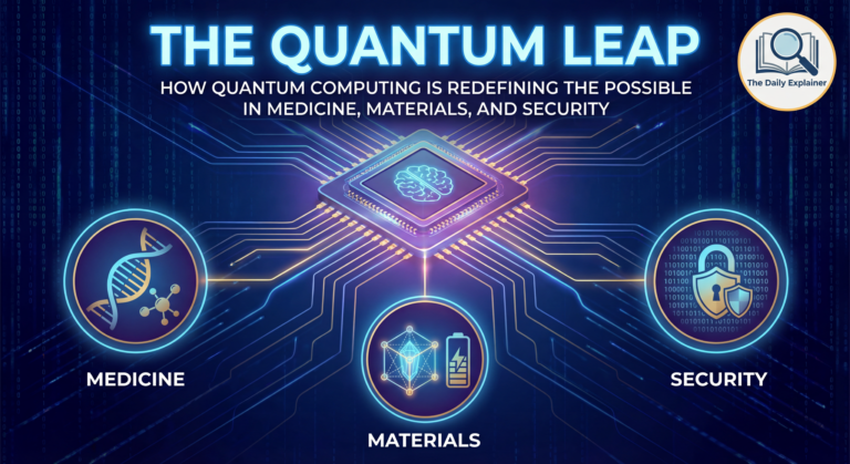 Side-by-side illustration: Left, a classical switch in position 0 or 1. Right, a Bloch sphere with a vector representing a qubit in a superposition state.