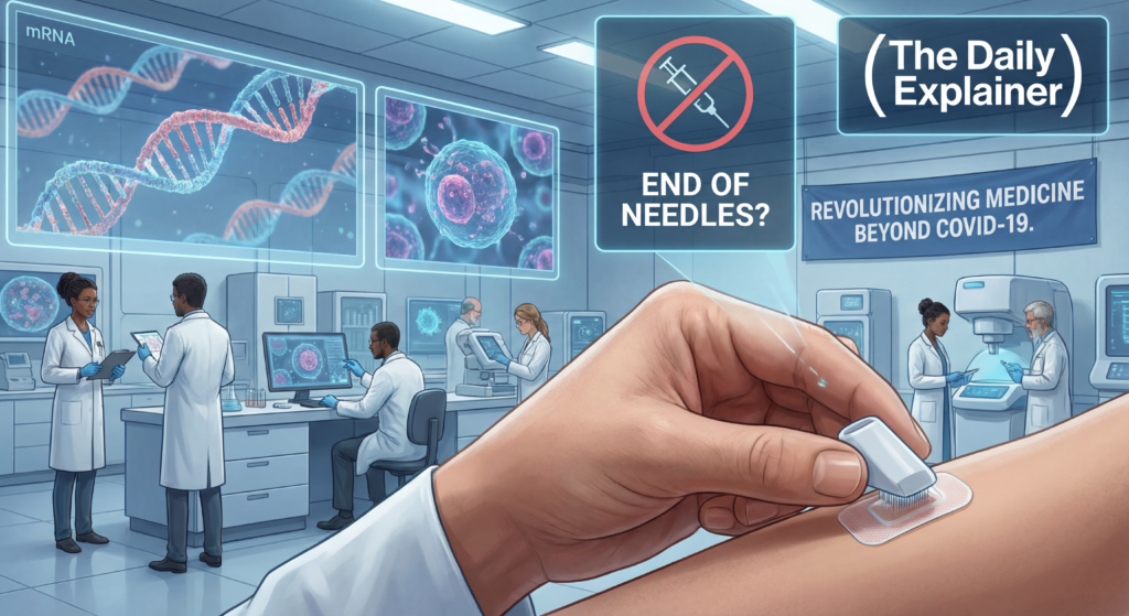 Infographic showing injection of LNP, cell entry, ribosome translation of spike protein, antigen presentation, and B-cell/T-cell activation.