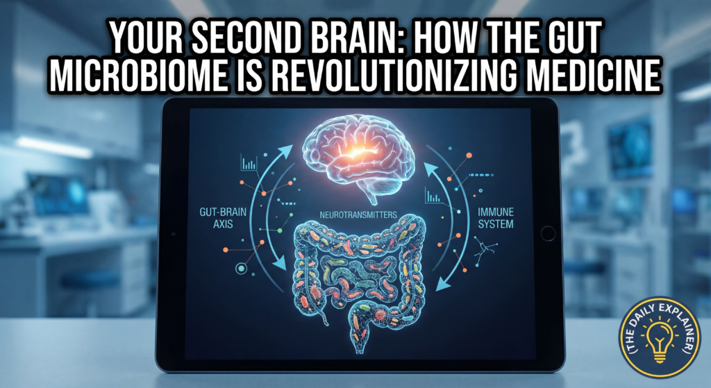 Illustration showing the gut, brain, and immune system connected by the vagus nerve, bloodstream, and immune cells, with microbes in the gut producing signals.