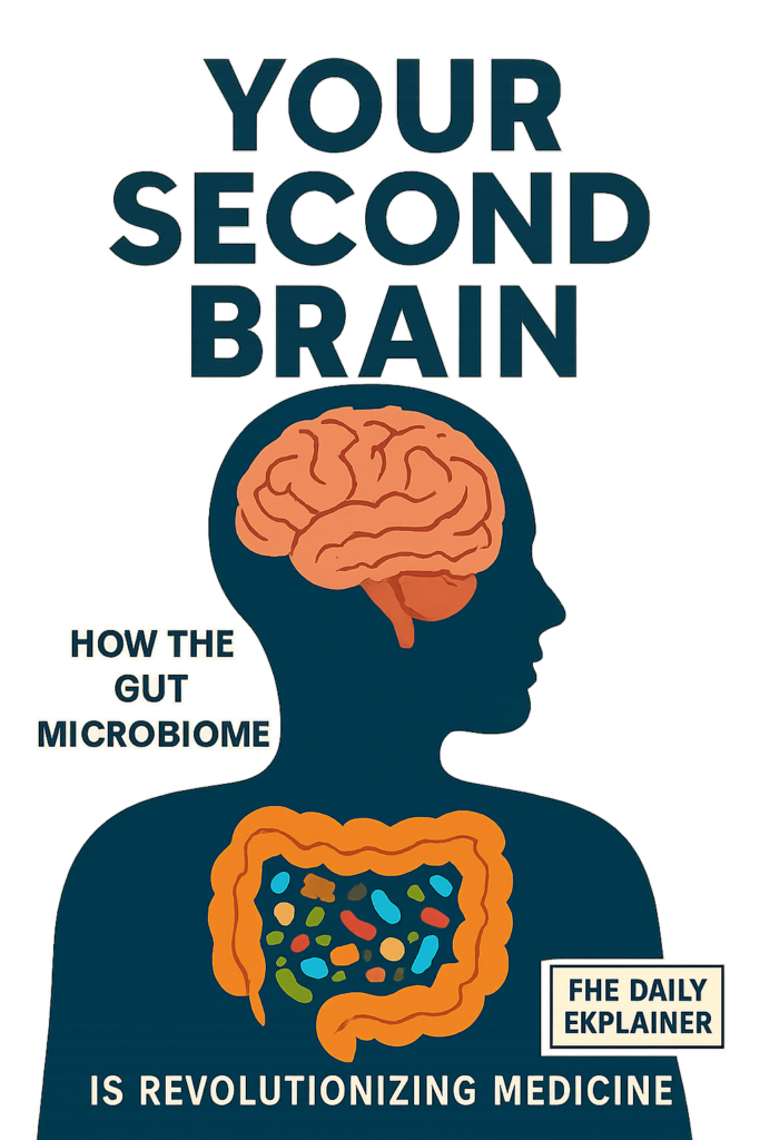 Illustration showing the gut, brain, and immune system connected by the vagus nerve, bloodstream, and immune cells, with microbes in the gut producing signals.