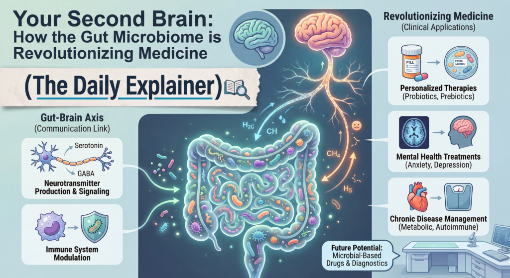 Illustration showing the gut, brain, and immune system connected by the vagus nerve, bloodstream, and immune cells, with microbes in the gut producing signals.
