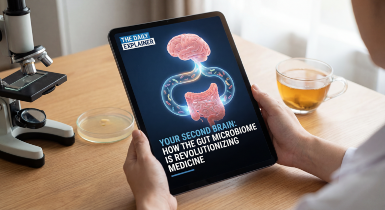Illustration showing the gut, brain, and immune system connected by the vagus nerve, bloodstream, and immune cells, with microbes in the gut producing signals.