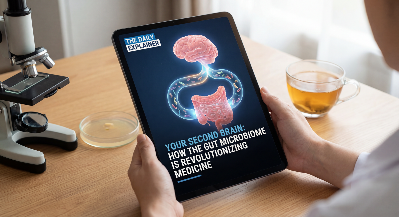 Illustration showing the gut, brain, and immune system connected by the vagus nerve, bloodstream, and immune cells, with microbes in the gut producing signals.