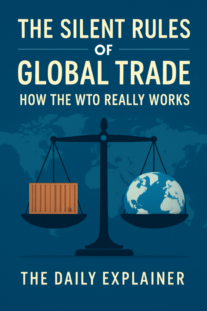 Infographic illustrating the three main functions of the WTO: Negotiating Trade Agreements, Monitoring Trade Policies, and Settling Disputes.