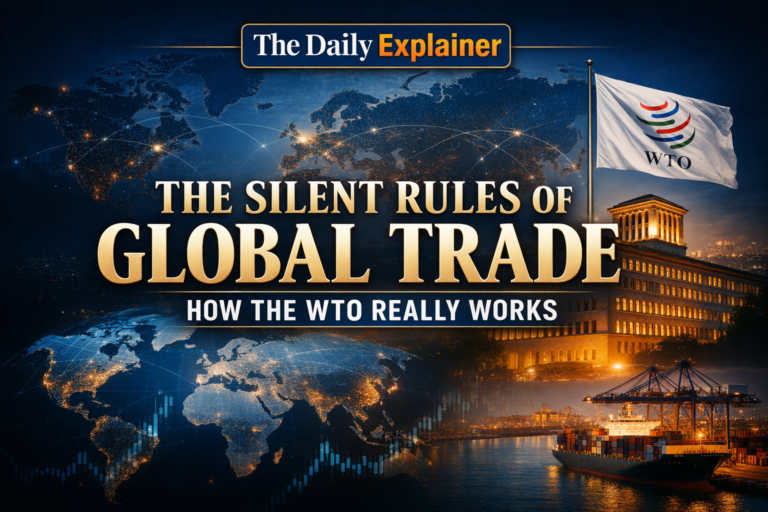 Infographic illustrating the three main functions of the WTO: Negotiating Trade Agreements, Monitoring Trade Policies, and Settling Disputes.