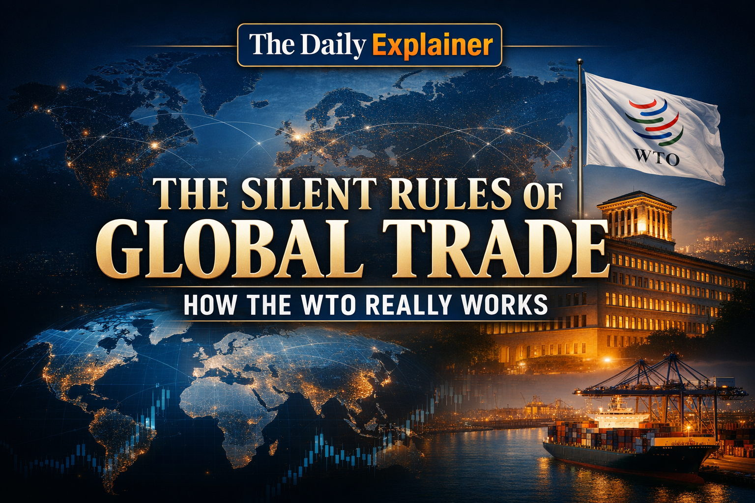 Infographic illustrating the three main functions of the WTO: Negotiating Trade Agreements, Monitoring Trade Policies, and Settling Disputes.