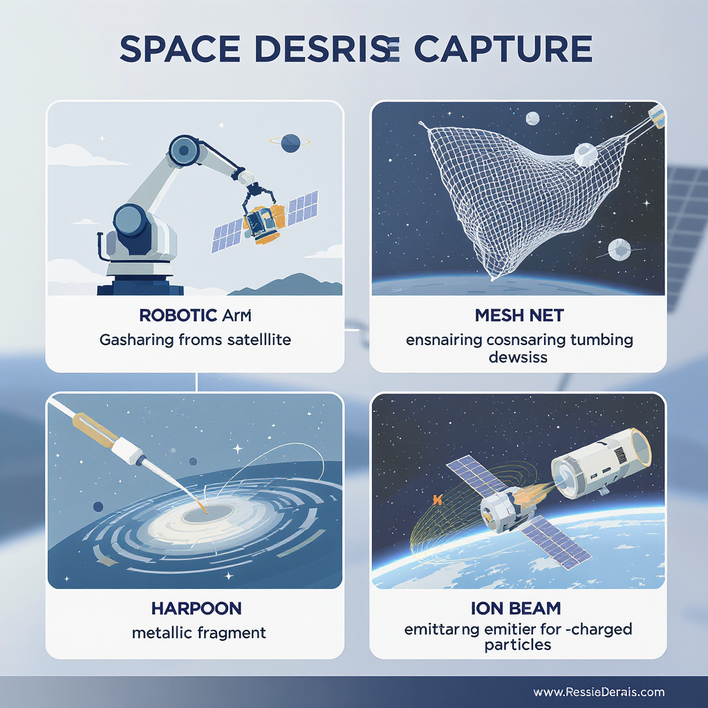 Flowchart showing a collision/explosion creating fragments, leading to more collisions and an exponential increase in debris, ultimately forming a dense debris cloud around Earth.
