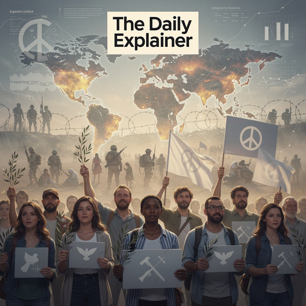 World map showing major protracted conflicts with timelines and peace movement presence