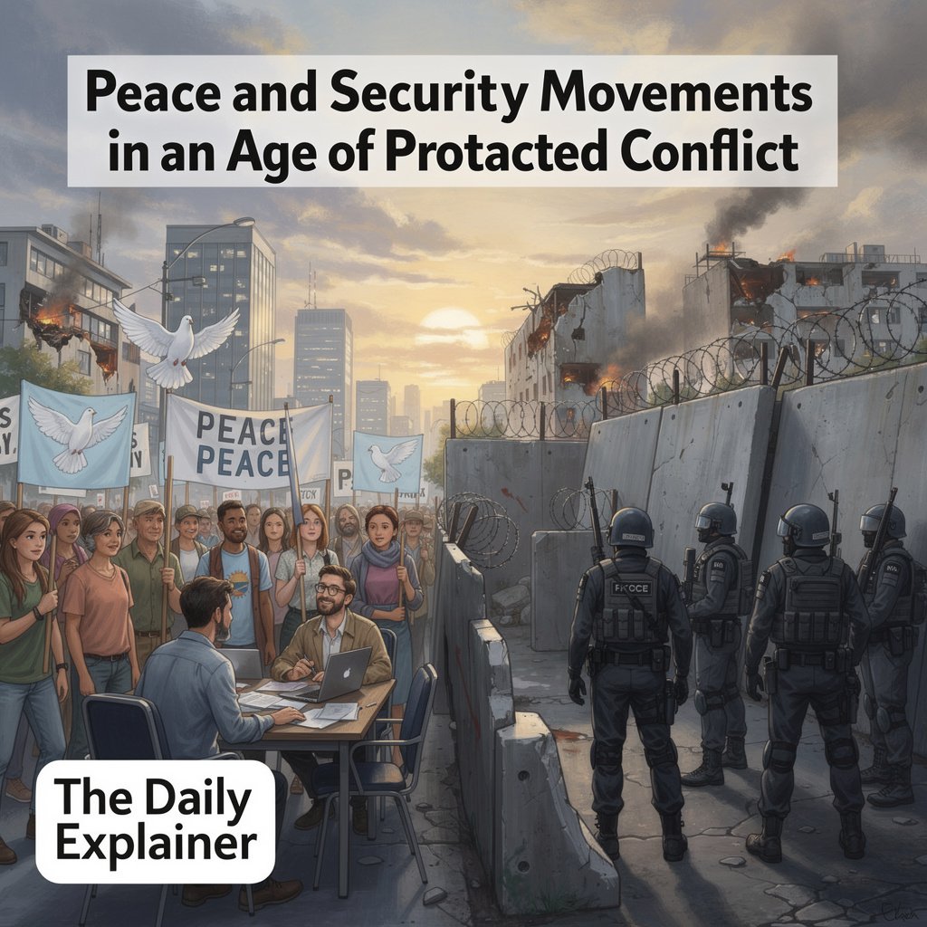 World map showing major protracted conflicts with timelines and peace movement presence