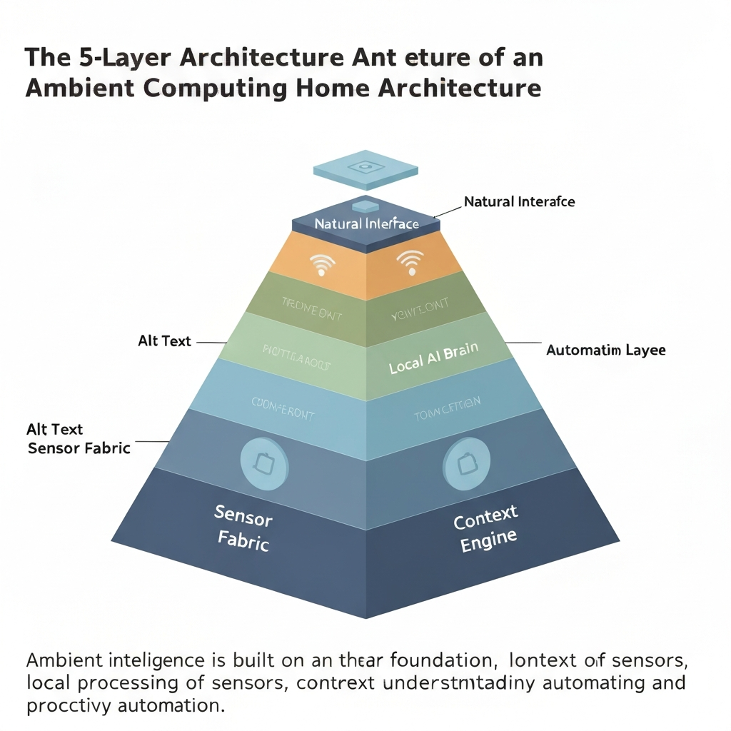 A layered pyramid diagram showing: Sensor Fabric (base), Local AI Brain, Context Engine, Automation Layer, and Natural Interface (top).