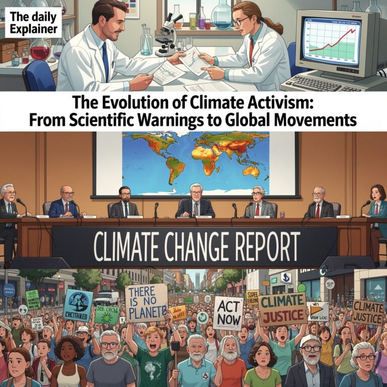 Timeline infographic showing four phases of climate activism from 1960s to present with key milestones and turning points