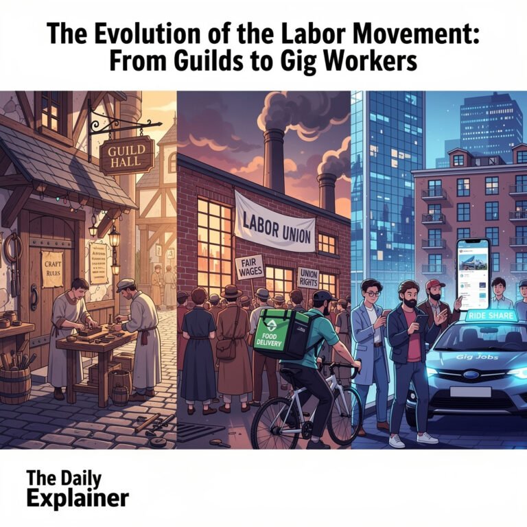 Detailed timeline showing key developments in labor movements from pre-industrial crafts to contemporary platform work organizing