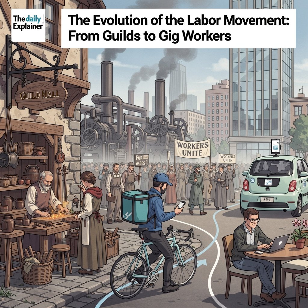 Detailed timeline showing key developments in labor movements from pre-industrial crafts to contemporary platform work organizing